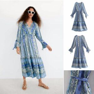 ZARA Paisley Patchwork Floral Silky V Neck Ruffle Hem Maxi Dress Sz XXL